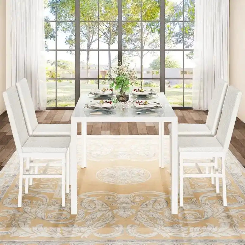 Grondin Contemporary 5-Piece Dining Set with Tempered Glass Table and 4 Diamond-Stitched PU Leather Chairs