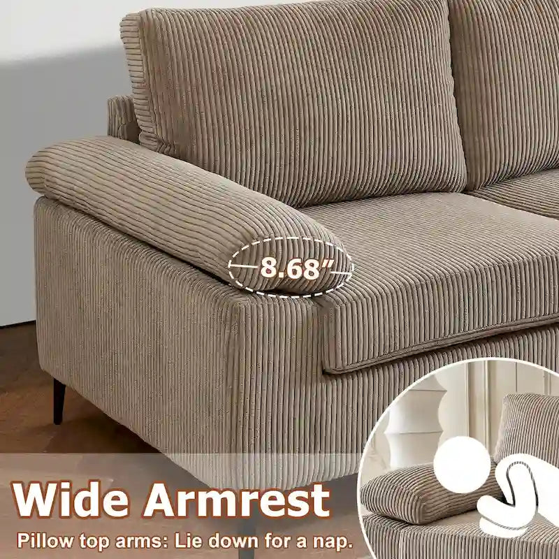 HOOOWOOO Reversible Corduroy Chaise Sofa with Wide Armrests and Ottoman for Living Room