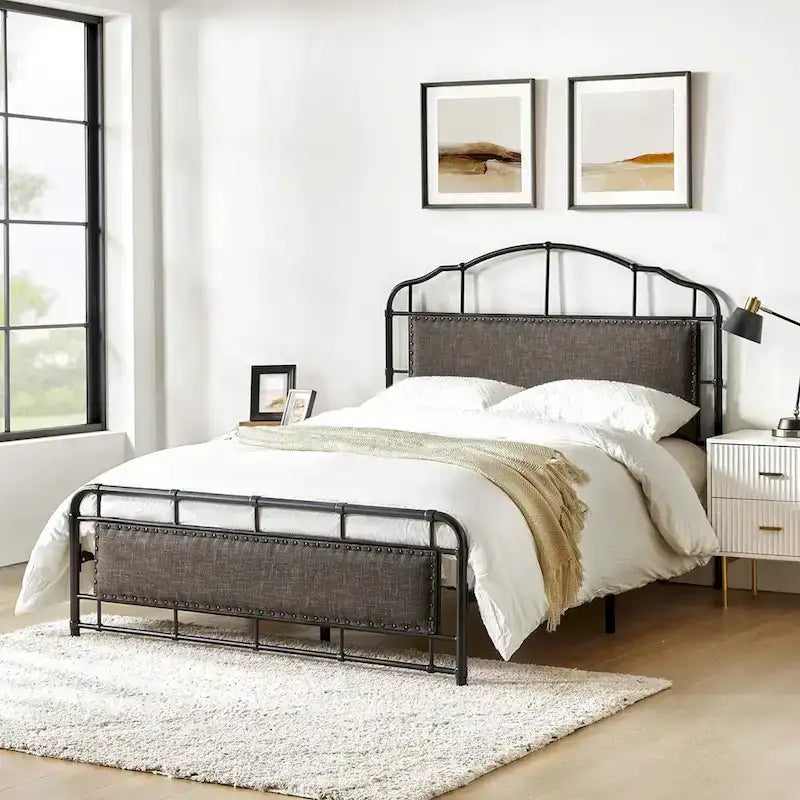 HULALA HOME Eufemia Industrial 62-Inch High Headboard Metal Platform Bed Frame
