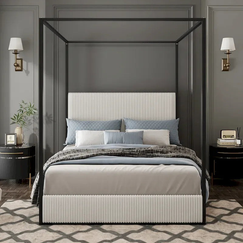 Metal Canopy Platform Bed with Vertical Stripe Upholstered Wingback Headboard - Four Poster, Low Profile Design