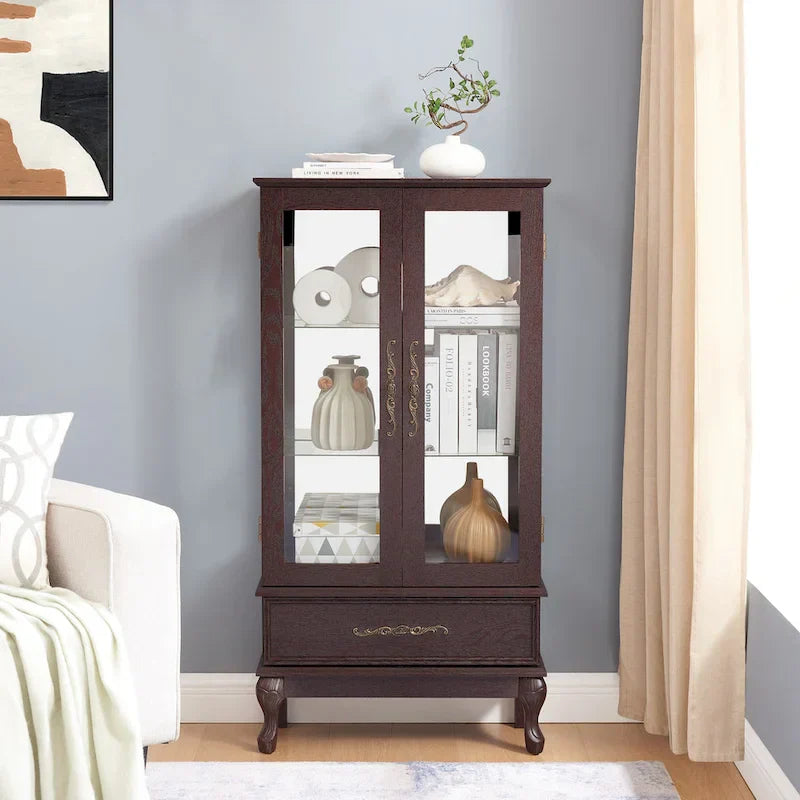 Illuminated Glass Curio Display Cabinet with Adjustable Shelves, Double Doors, and Drawer - Glass Wine Storage Solution