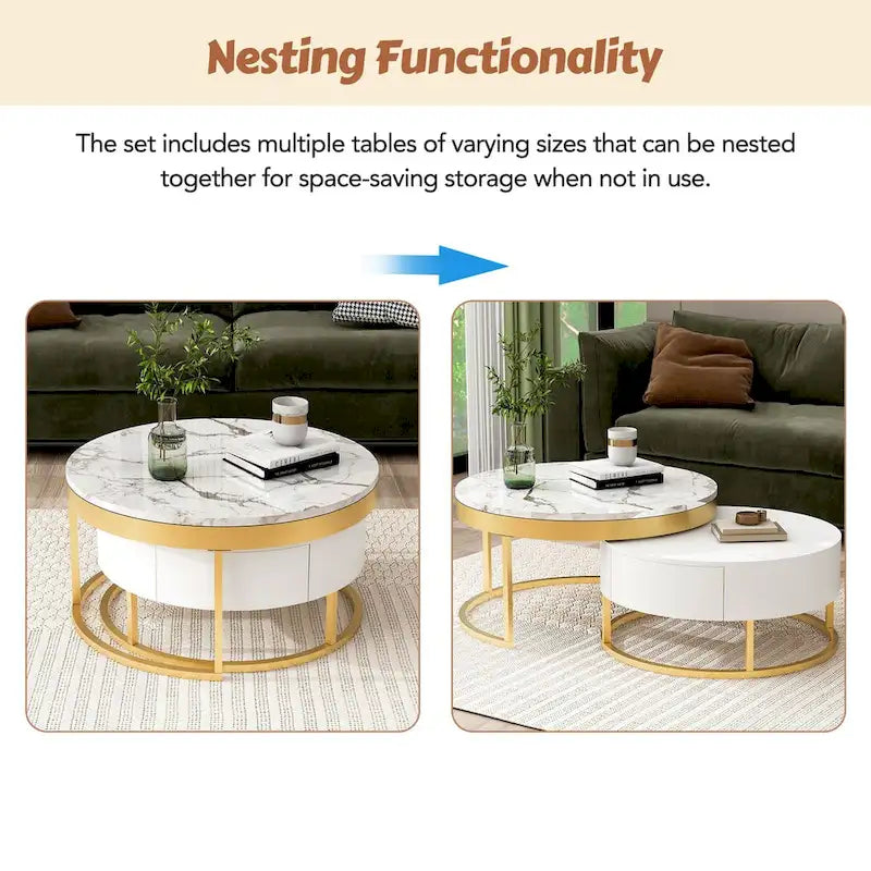 GEITIN Contemporary Round Nesting Coffee Table with Storage Drawers