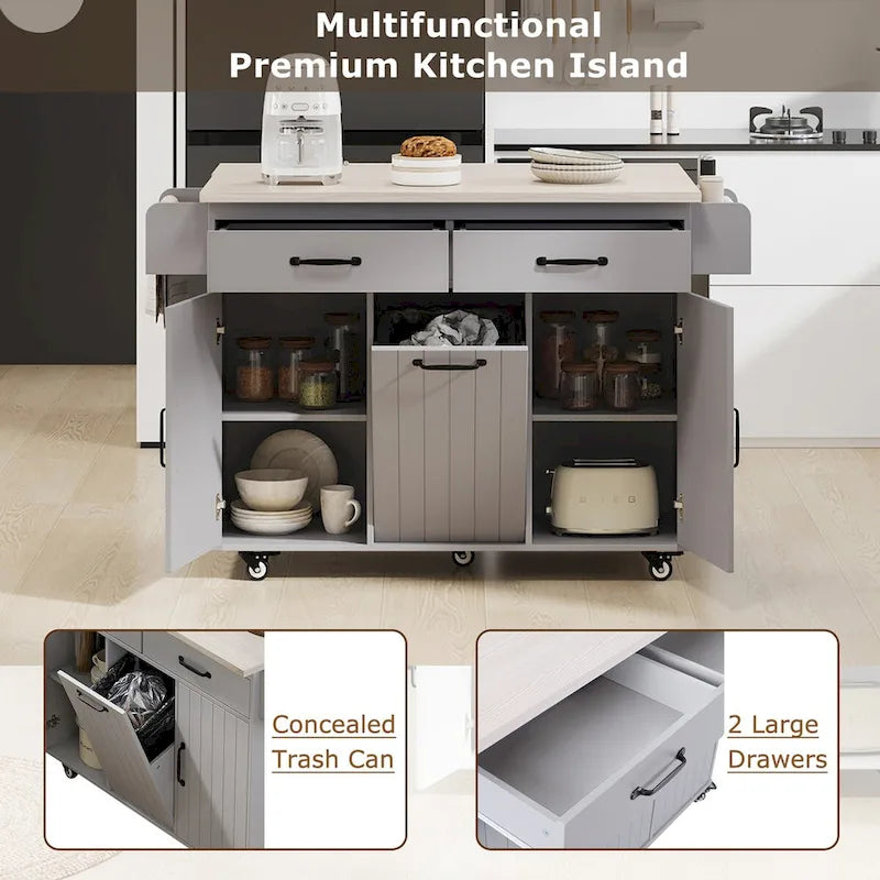 Kitchen Island with Built-In Trash Can Storage and Drop Leaf Cart