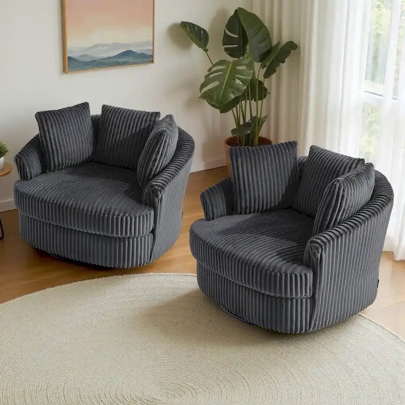 Set of 2 Oversized 43" Plush Corduroy Swivel Barrel Chairs with Cushions