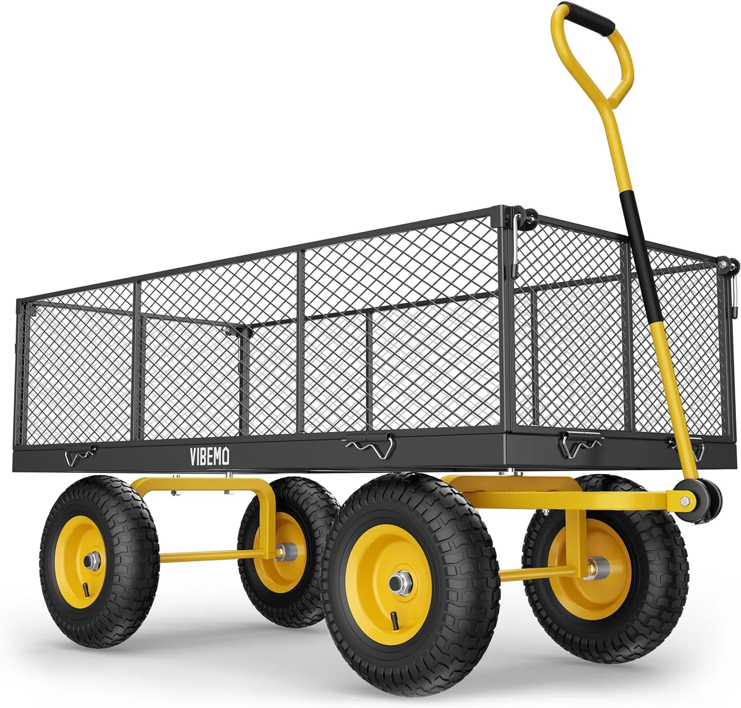 Steel Garden Cart, 2-in-1 1400 lbs Heavy Duty Utility Wagon, with Removable Mesh Sides to Convert into Flatbed, 240 U-Turn 13" Pneumatic Tires Garden Wagon for Farm Yard Lawn Garden Camping