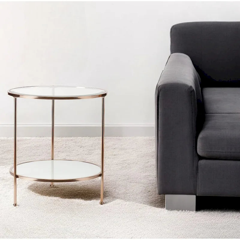 HomeRoots 26-Inch Gold Glass and Iron Round End Table with Shelf - Dimensions: 24.25 x 24.25 x 26.25 Inches