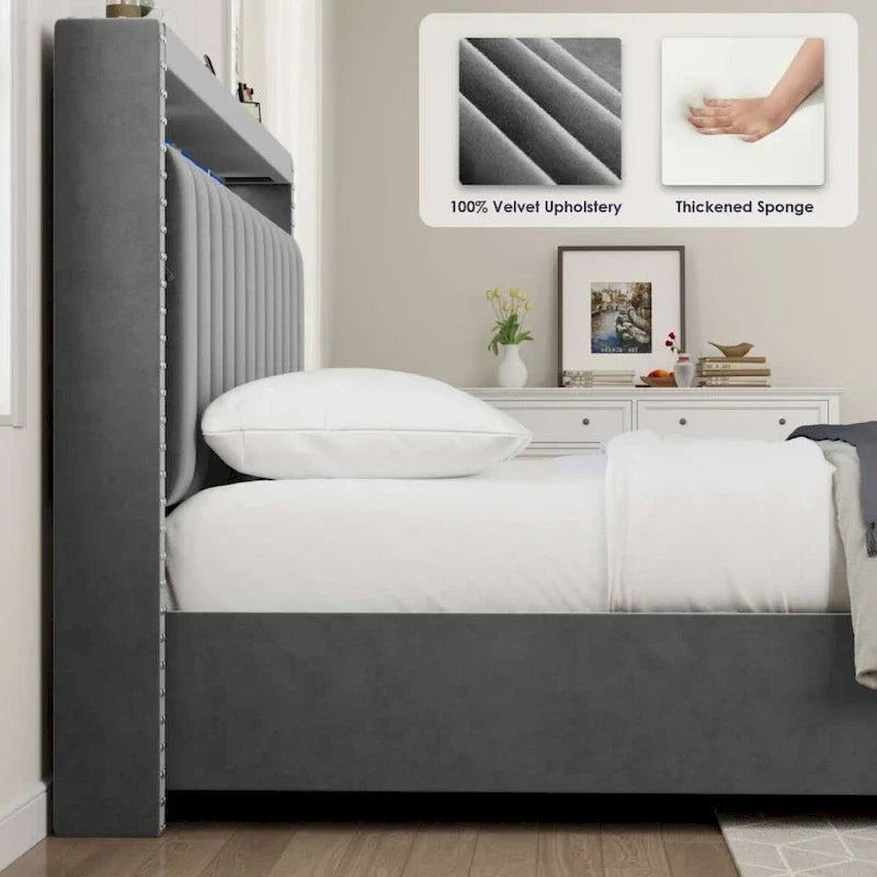King Size Velvet Gas Lift Storage Bed with LED RF Lights and Storage Headboard