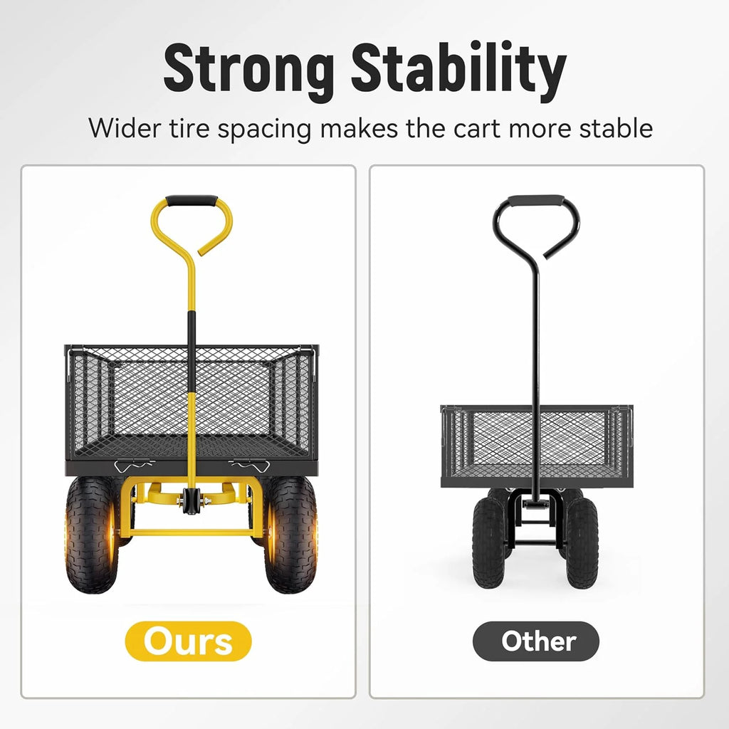 Steel Garden Cart, 2-in-1 1400 lbs Heavy Duty Utility Wagon, with Removable Mesh Sides to Convert into Flatbed, 240 U-Turn 13" Pneumatic Tires Garden Wagon for Farm Yard Lawn Garden Camping