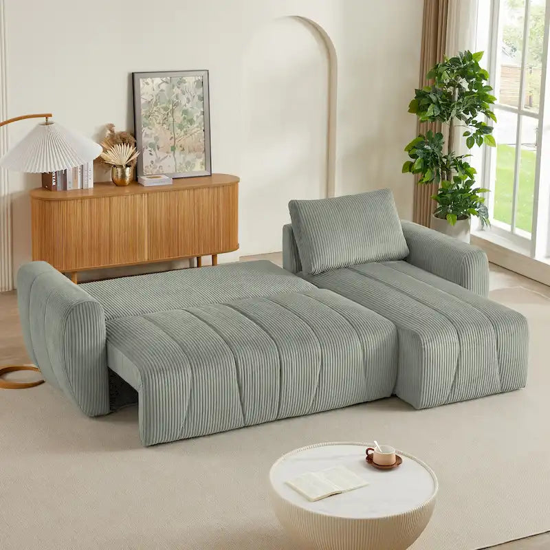 Grey 105.2" Corduroy L-Shaped Convertible Sleeper Sectional with Storage Compartment