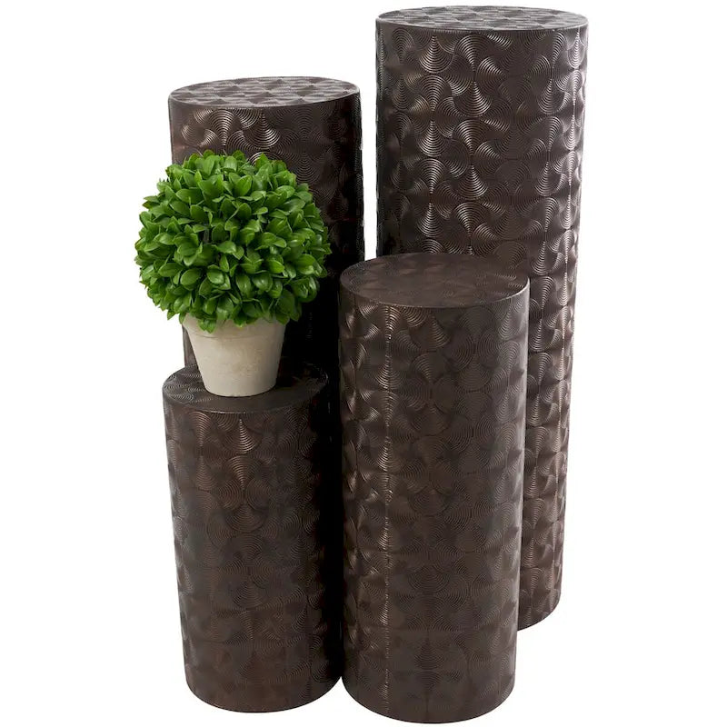 Set of 4 Brown Metal Abstract Tall Slim Pedestal Tables with Grooved Shell or Hammered Finish - Roche River Decor