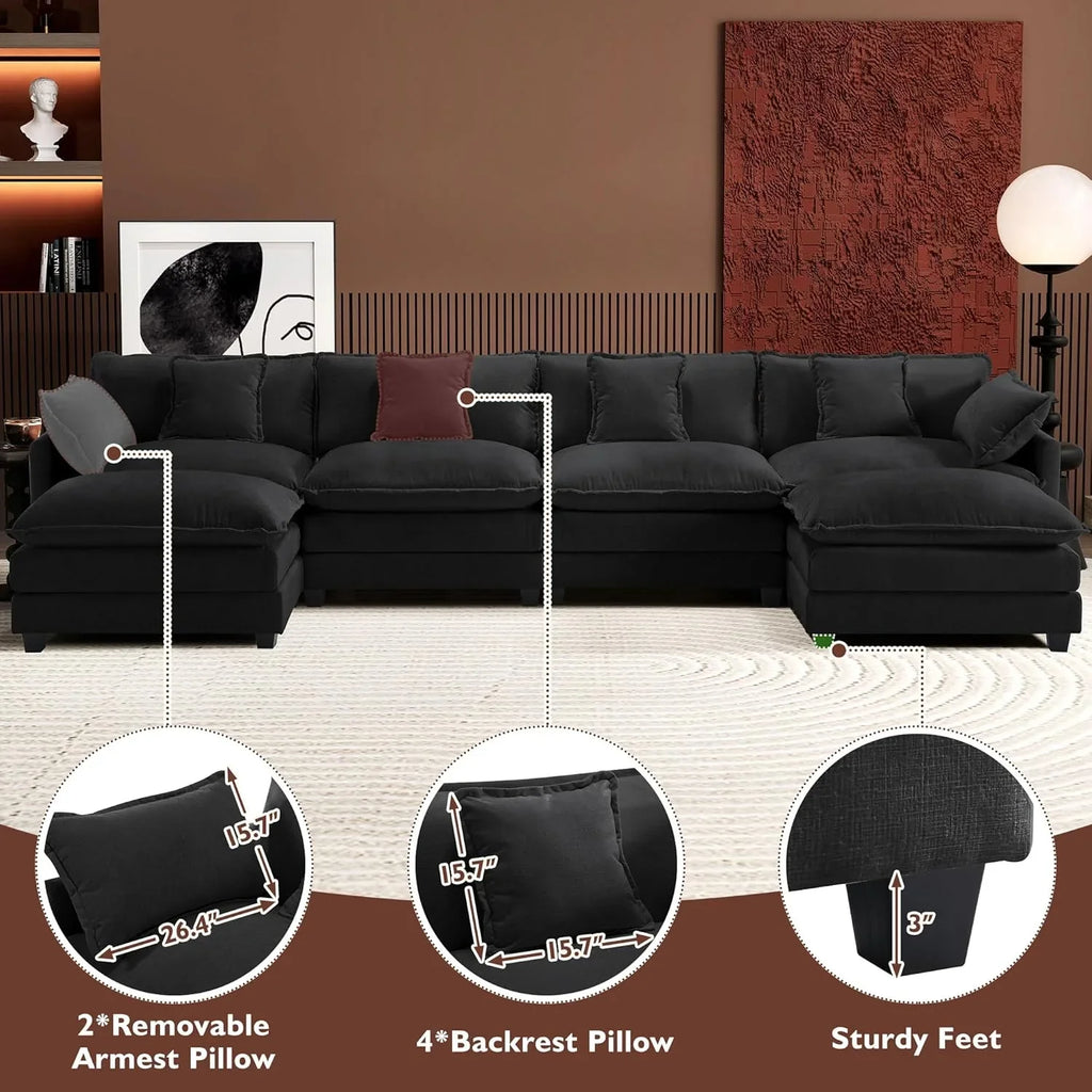 Ihanherry 146" U-Shaped Modern Sofa Modular Sectional Cloud Couch with 2 Ottoman, 6-Seat Chenille Deep Seat Sofa with 6 Pillows for Living Room, Bedroom and Apartment, Grey