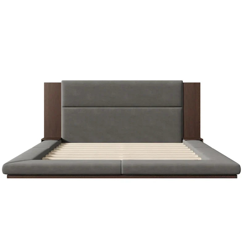 King Gray Upholstered Low Profile Platform Bed with Extended Wood Headboard and Integrated Nightstand Shelves