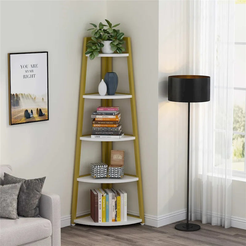 Rustic Brown 5-Tier Corner Shelf Storage Tower for Bathroom