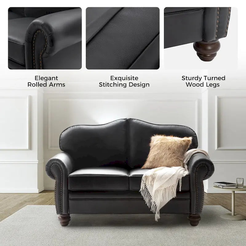 Leather Loveseat Sofa with Rolled Arms and Nailhead Trim