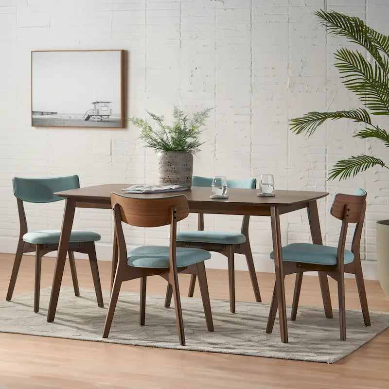 Mid Century Dining Table Set with 4 Upholstered Chairs and Wooden Frame
