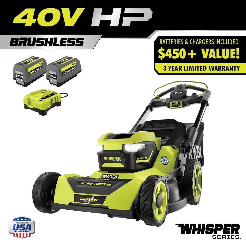 Ryobi 40V HP Brushless 21-in Self-Propelled AWD Lawn Mower Whisper Series Includes (2) 6.0Ah Batteries and Charger