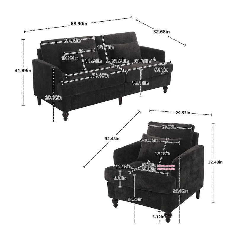 HOMEFUN Chenille Upholstered Loveseat and Armchair Set with Wooden Frame for Living Room