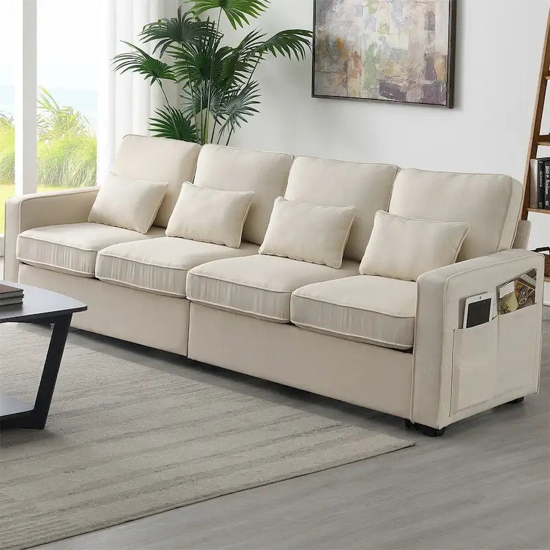 Merax 104 Modern 4-Seater Linen Sofa with Armrest Pockets and 4 Pillows - Minimalist Design