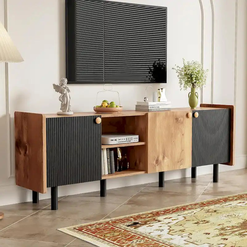 Mid-Century Modern TV Stand with 3 Cabinets - Media Console for TVs up to 70 inches, Stylish Entertainment Center with Storage for Living Room