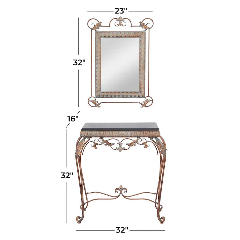Set of 2 Bronze Metal Leaf Console Tables with Mirrors and Scrolled Legs - Roche River Decor - Dimensions: 1W x 23L x 32H