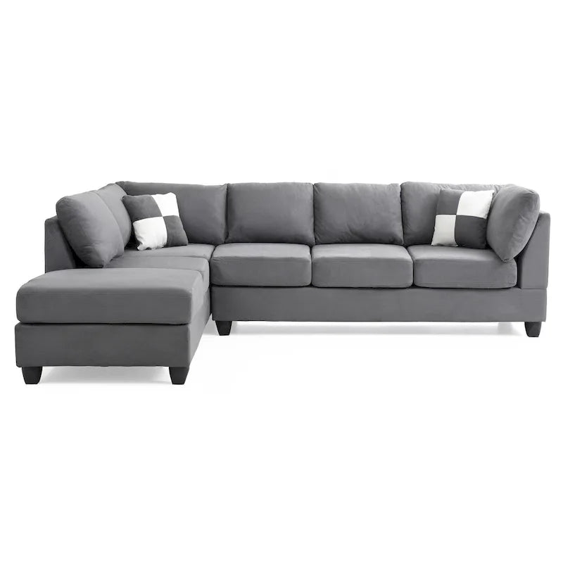 Malone 111-Inch Suede 4-Seater Sectional Sofa with Two Throw Pillows - Dimensions: 111L x 78W x 34H