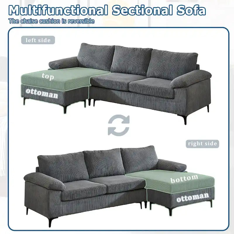 HOOOWOOO Reversible Corduroy Chaise Sofa with Wide Armrests and Ottoman for Living Room