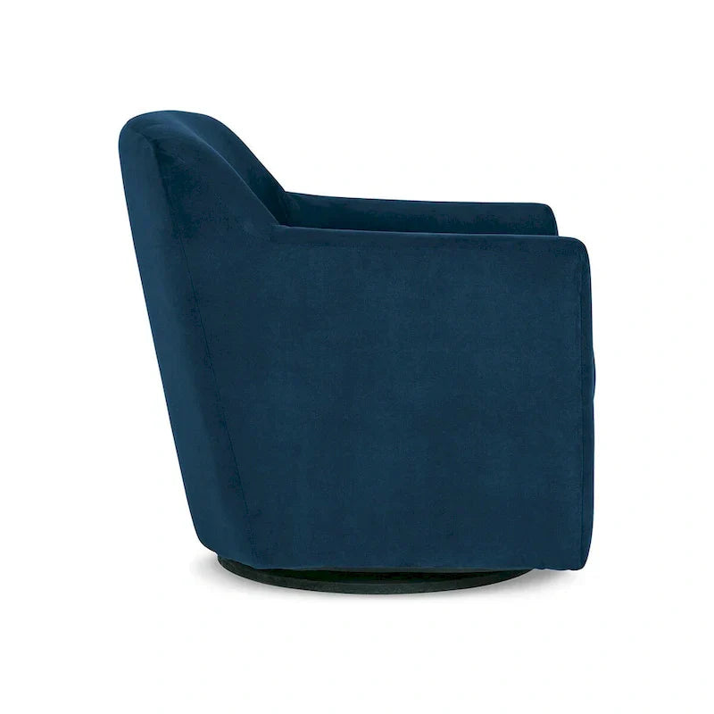 Leena Blue Velvet Swivel Accent Chair with Shelter Style Arms and Black Wood Base