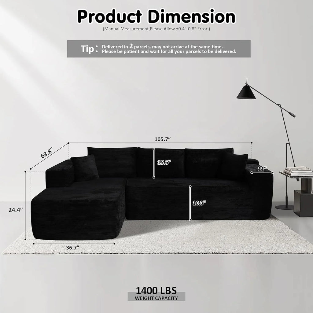 ovios 104" Cloud Sectional Couch with L-Shape Chaise,Modern Modular Sofa with Deep Seat, Upholstered Couches for Living Room Bedroom,No Assembly Required, Grey (Plush Corduroy Fabric)