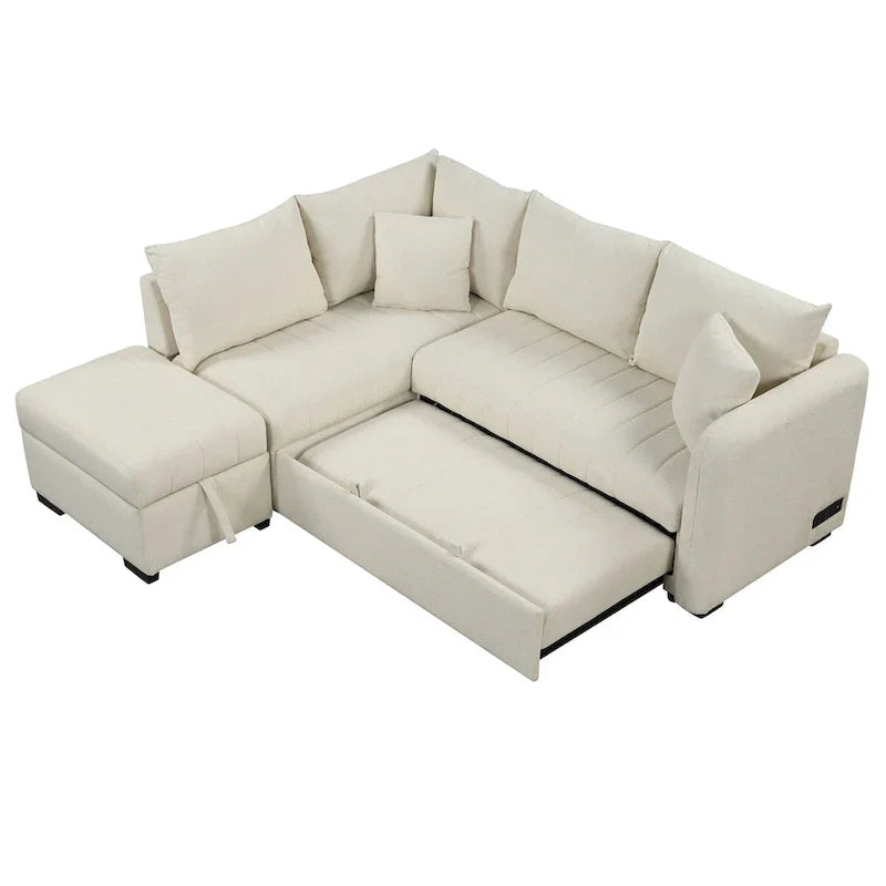 Sectional Sofa Bed with Storage Ottoman USB Ports and Pull Out Design