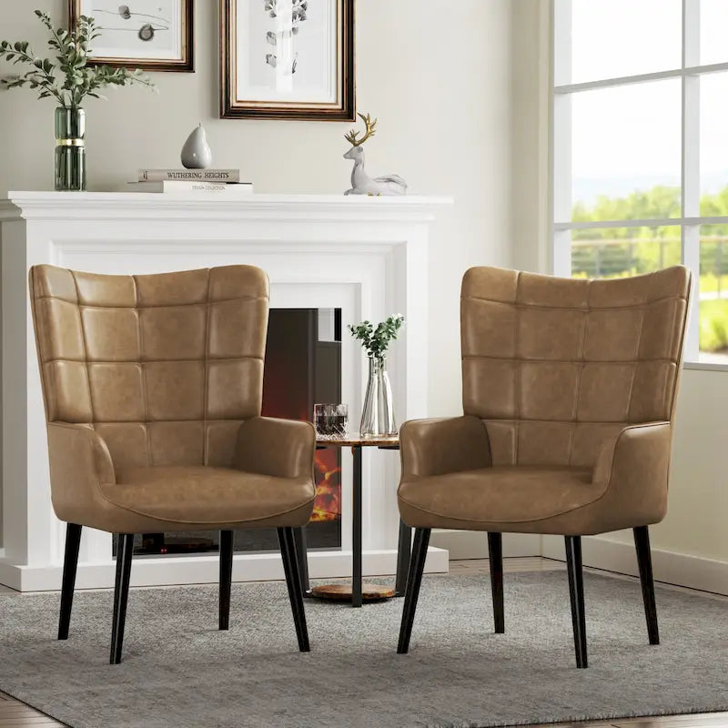 Set of 2 High-Back Tufted Accent Chairs in Cream, Brown, and Taupe