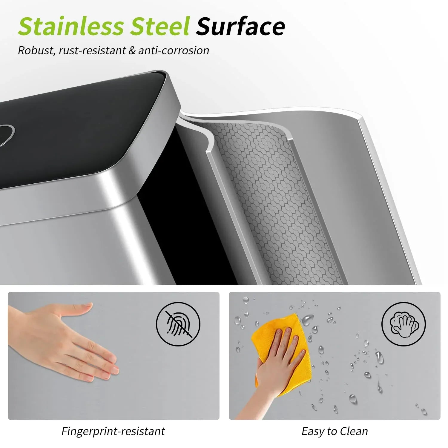 Bigacc 13 Gallon 50 Liter Kitchen Trash Can with Touch-Free & Motion Sensor, Automatic Stainless-Steel Garbage Can, Anti-Fingerprint Mute Designed Trash Bin Brushed Stainless Steel