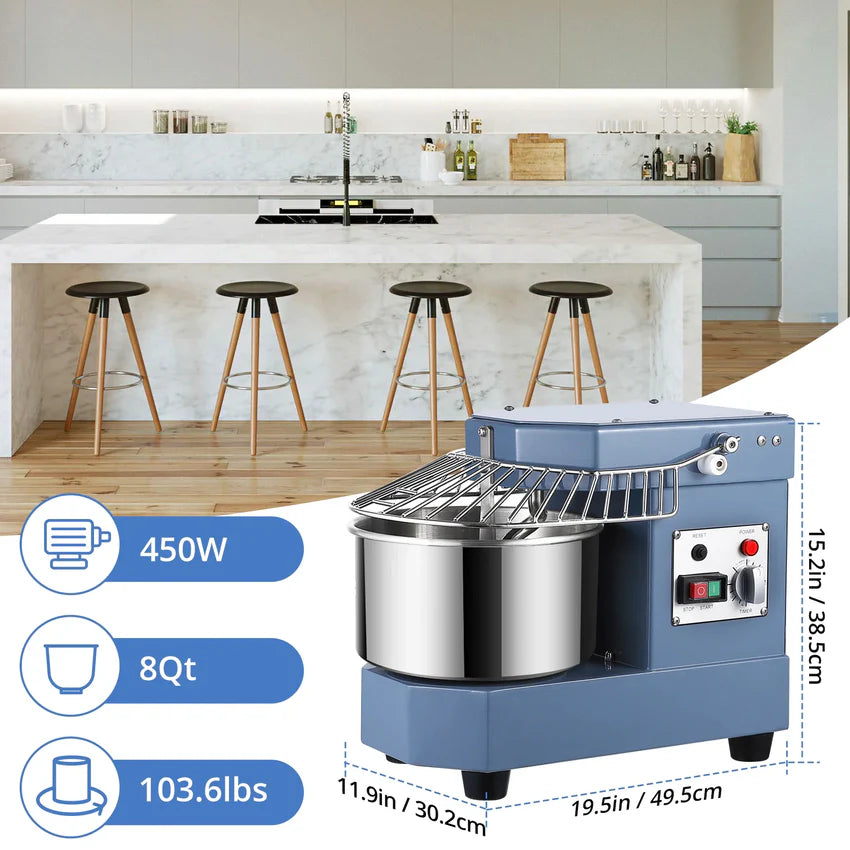 2025  8Qt Commercial Food Mixer, 450W Dual Rotating Dough Kneading Machine w Food-grade Stainless Steel Bowl, Security Shield & Timer, Commercial