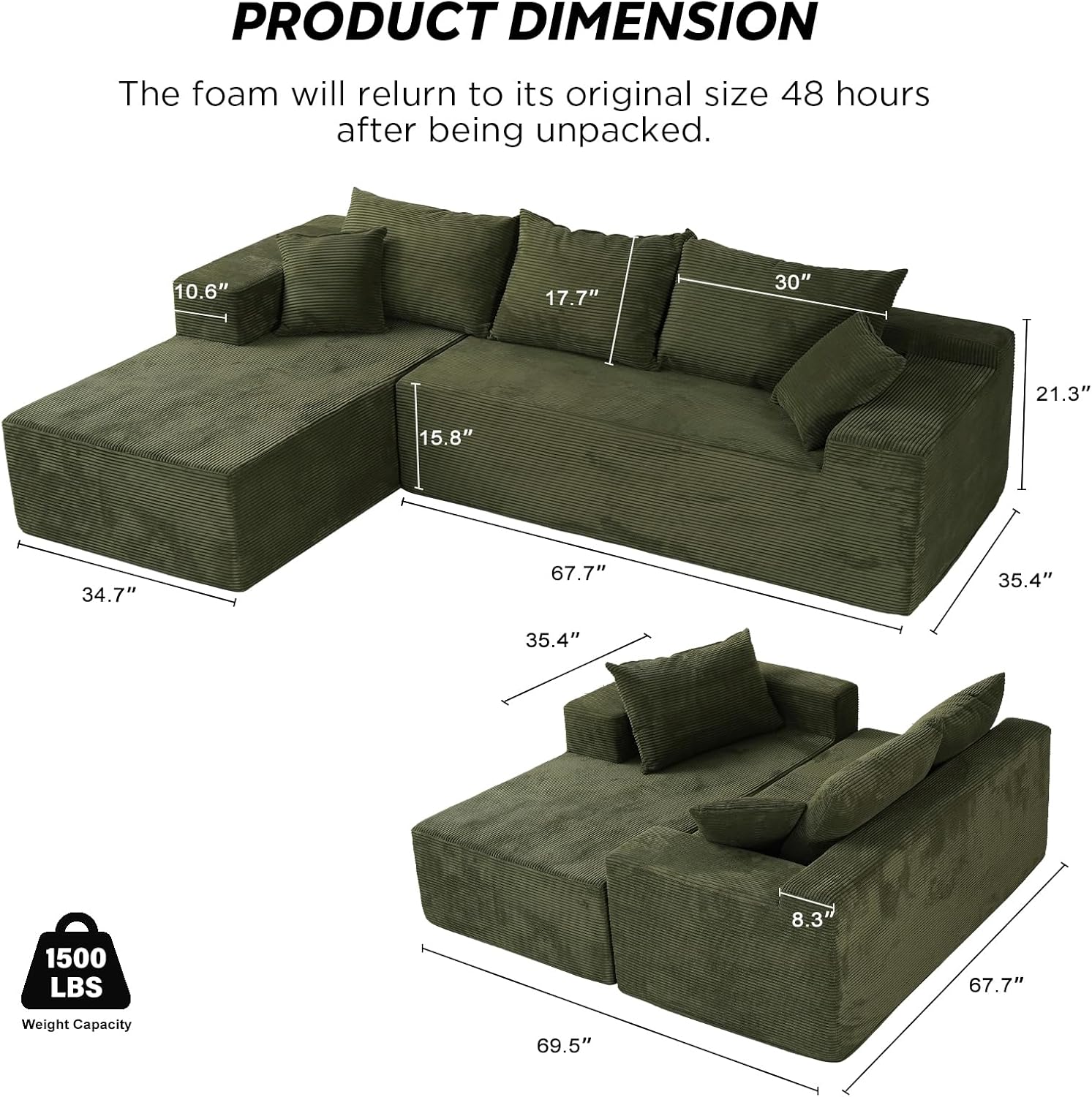 Cloud Sectional Couch with L-Shape Chaise,Modern Modular Sofa with Deep Seat, Upholstered Couches for Living Room Bedroom,No Assembly Required, Beige (Left Facing Chaise)