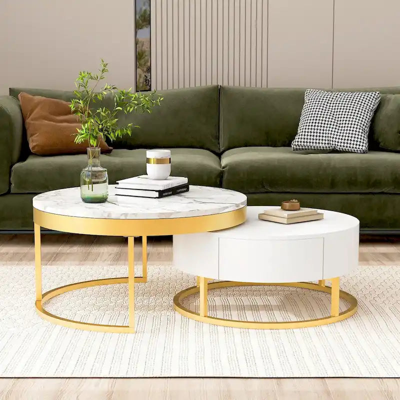 GEITIN Contemporary Round Nesting Coffee Table with Storage Drawers