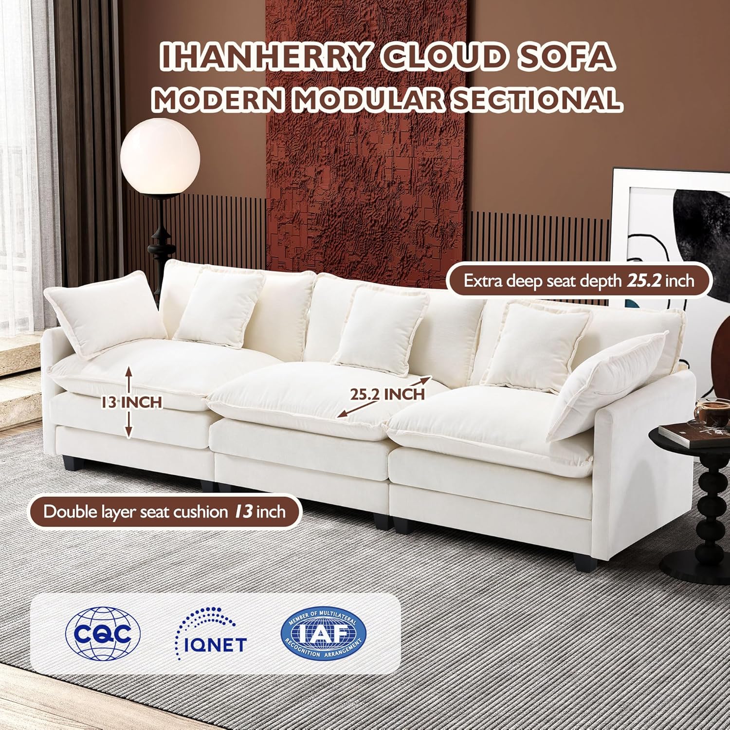 Ihanherry 146" U-Shaped Modern Sofa Modular Sectional Cloud Couch with 2 Ottoman, 6-Seat Chenille Deep Seat Sofa with 6 Pillows for Living Room, Bedroom and Apartment, Grey