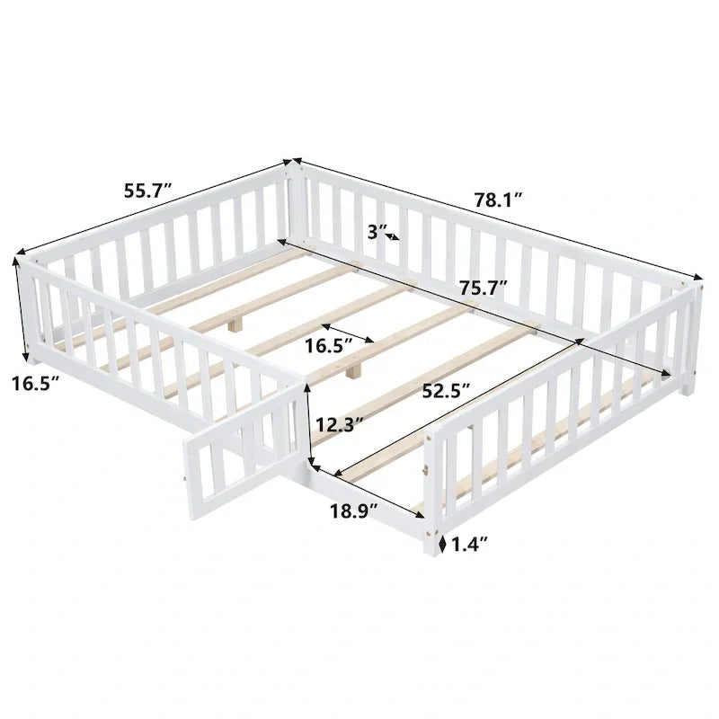 Kids' Full-Size Wooden Floor Bed with Fence and Door
