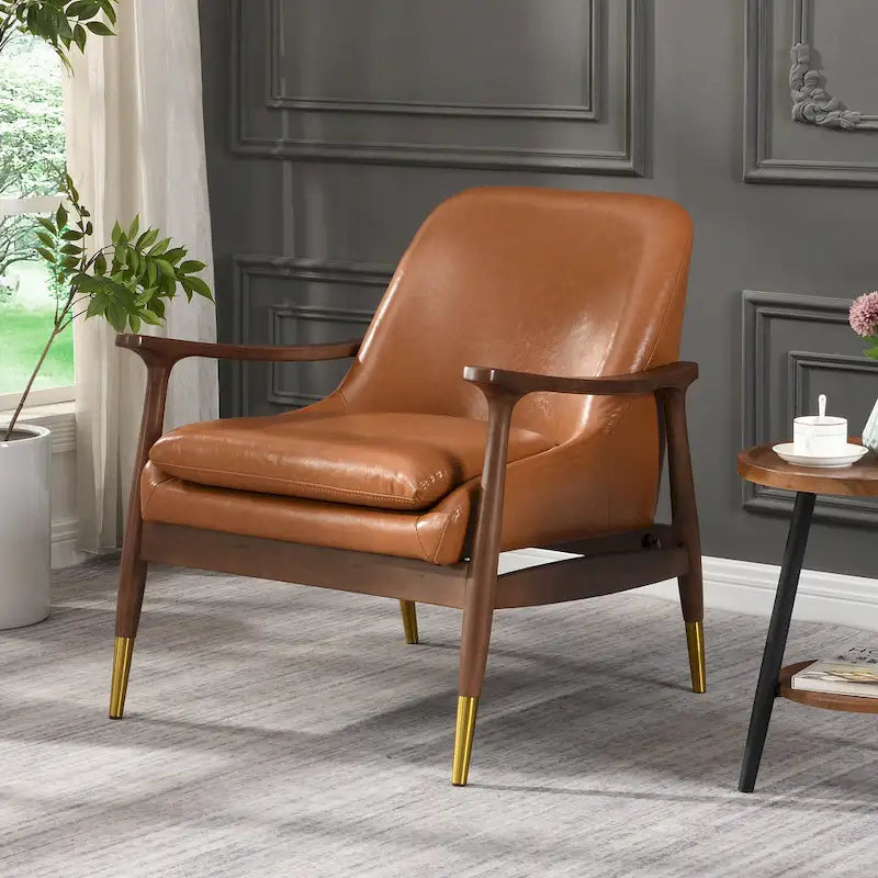 Mid-Century Modern Faux Leather Accent Chair - 29.2", Cushioned Seat, Sturdy Wood Frame, and Brass-Tipped Legs