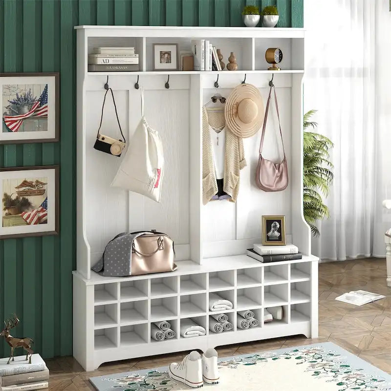 Merax Versatile Hall Tree with Hooks, Shelves, and 24 Shoe Storage Cubbies