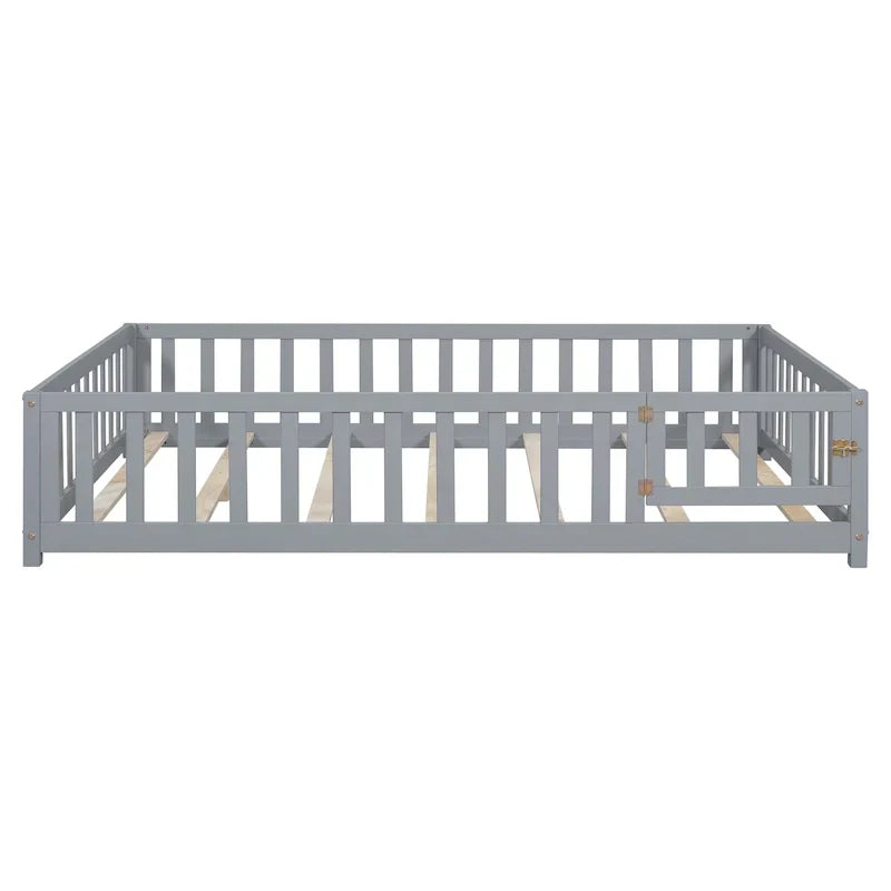 Kids' Full-Size Wooden Floor Bed with Fence and Door