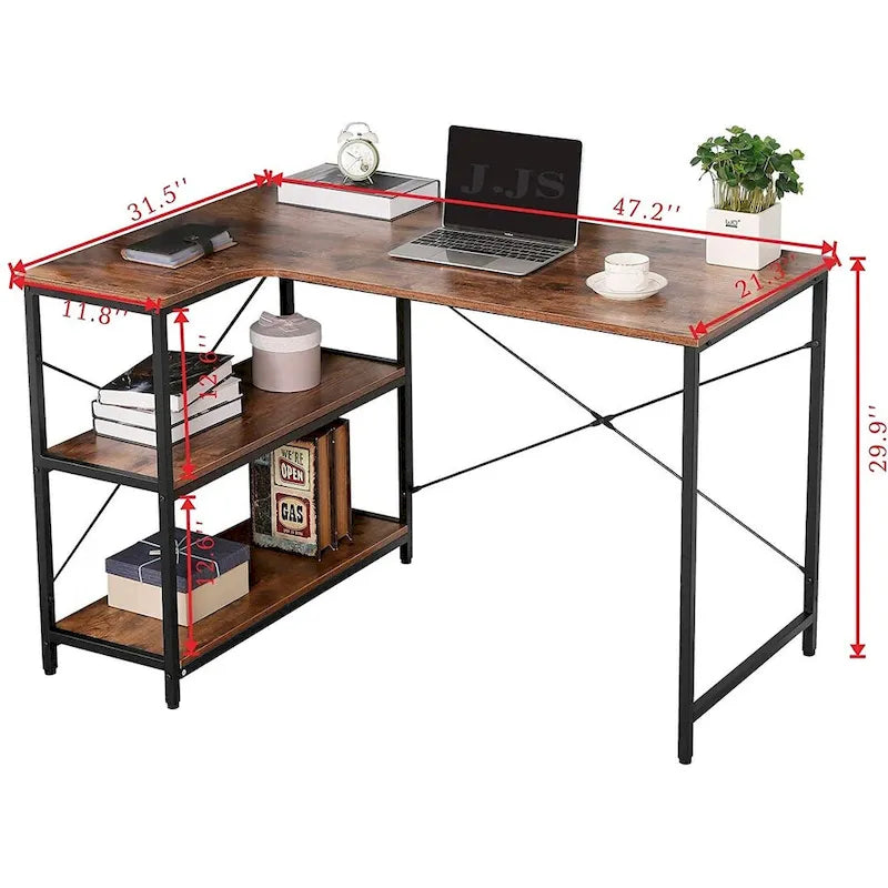 L Shaped Computer Desk with Bookshelf Storage for Home Office