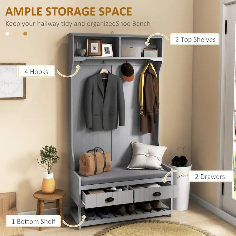HOMCOM Gray Hall Tree Organizer with Coat Rack, 4 Hooks, 2 Drawers, and Padded Seat Cushions for Entryway