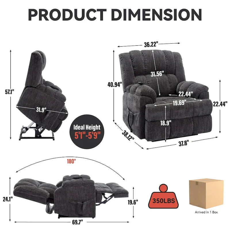 Grey Oversized Chenille Power Lift Recliner with Massage, Heating, and Flat Lay Feature