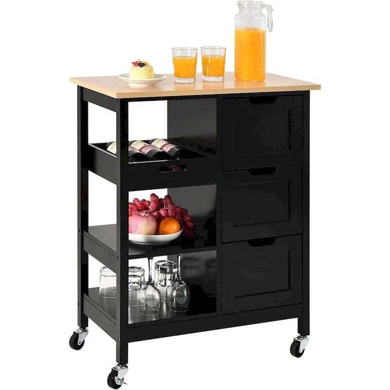 Kitchen Cart with Drawers Open Shelves and Wooden Top on Wheels