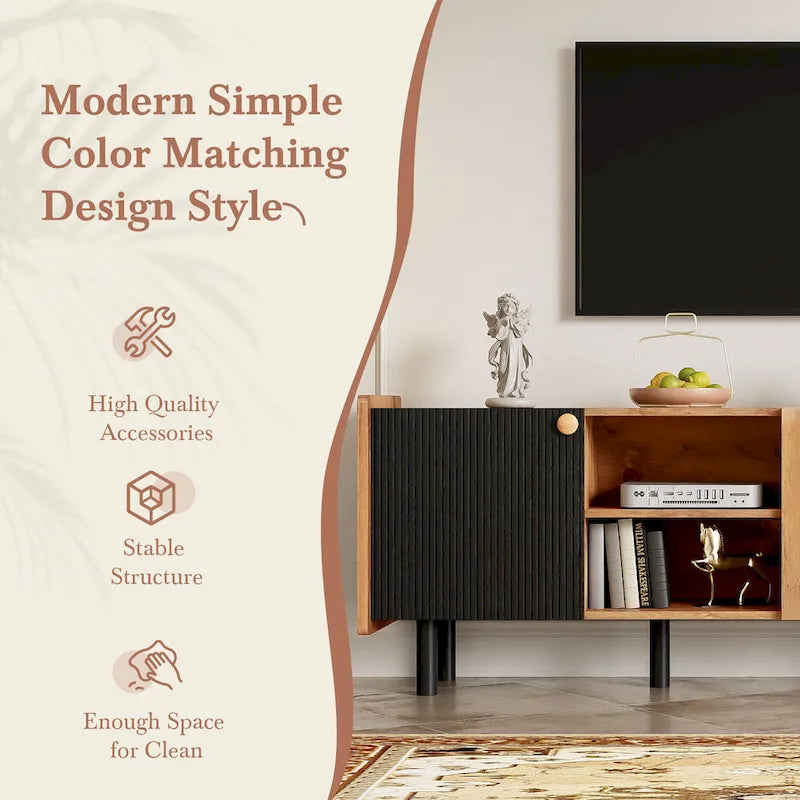 Mid-Century Modern TV Stand with 3 Cabinets - Media Console for TVs up to 70 inches, Stylish Entertainment Center with Storage for Living Room