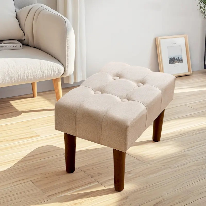 Set of 2 Small Linen Foot Stools with Legs - Rectangle Upholstered Ottoman Footrests