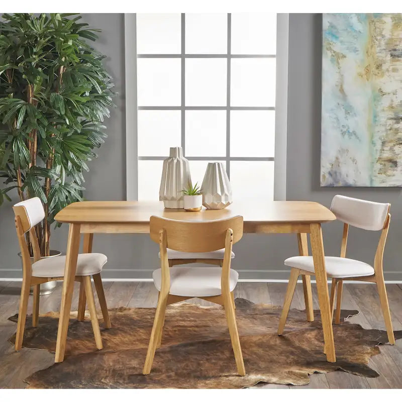 Mid Century Dining Table Set with 4 Upholstered Chairs and Wooden Frame