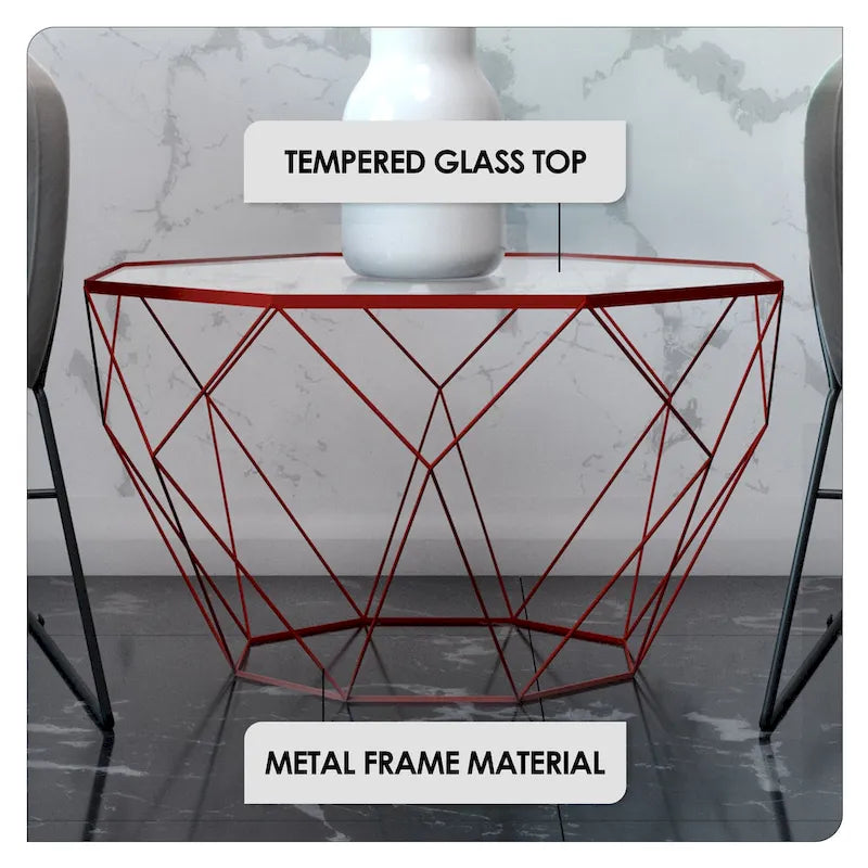 Malibu 22 Modern Octagonal Coffee Table with Tempered Glass Top and Durable Metal Geometric Base for Living Room or Office