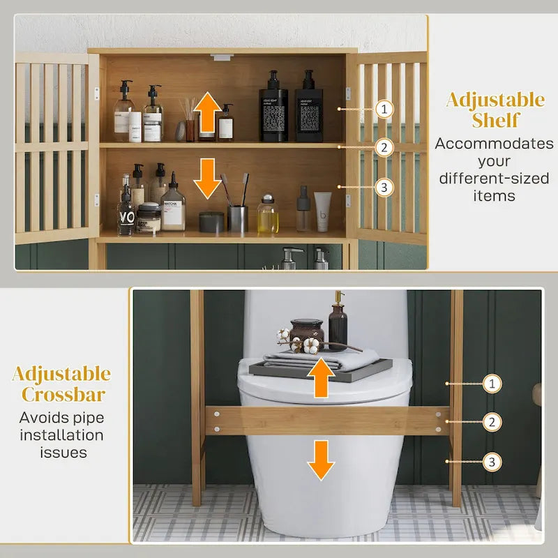 HOMCOM Bamboo Over-the-Toilet Storage Cabinet with Slatted Doors and Adjustable Shelf - Bathroom Organizer