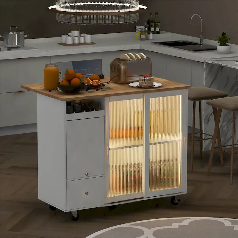 Kitchen Island with Drop Leaf Sliding Glass Doors and Storage on Wheels