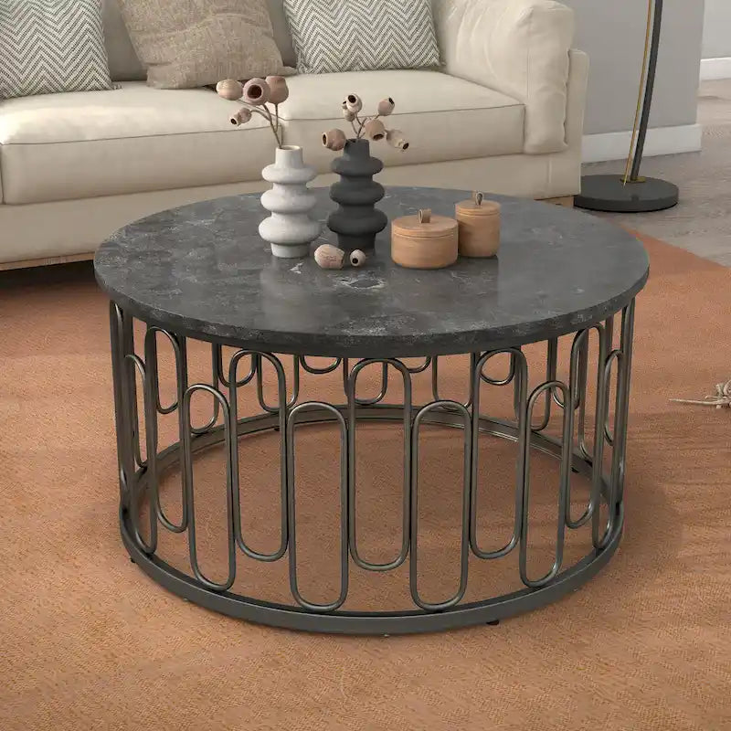 Lars Contemporary Round Coffee Table with Marble Top and Sturdy Metal Base by Furniture of America
